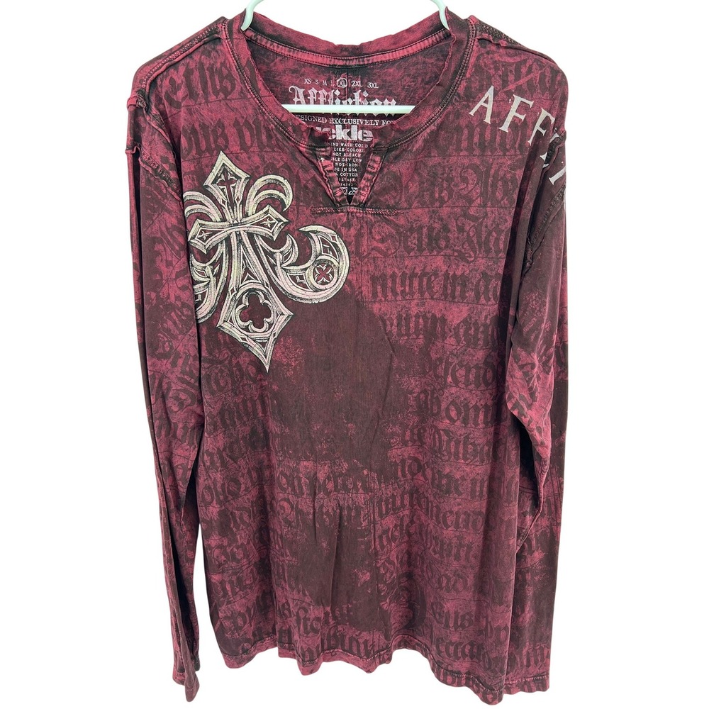 Affliction Men's XL Red Long Sleeve Shirt Thermal Gothic Cross Wings Y2K Grunge